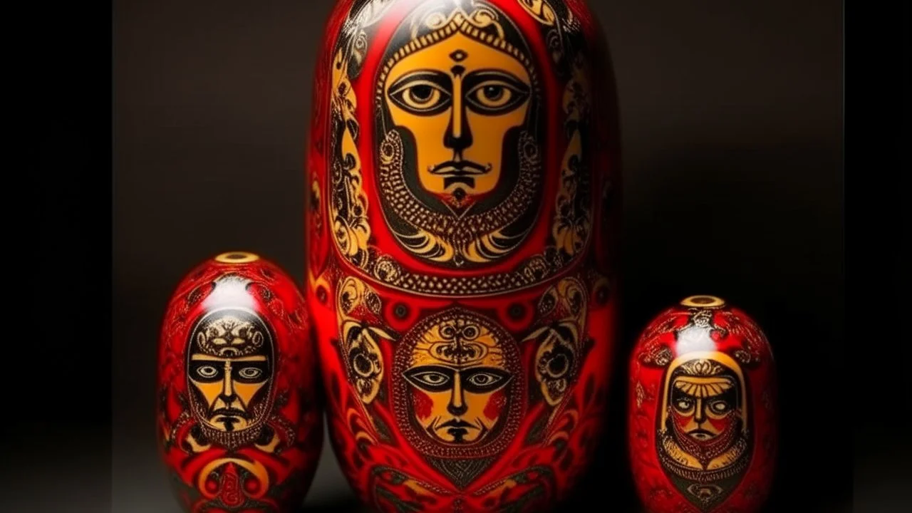 A dark red empire in the shadow realm designed in Matryoshka dolls painted by Pablo Picasso