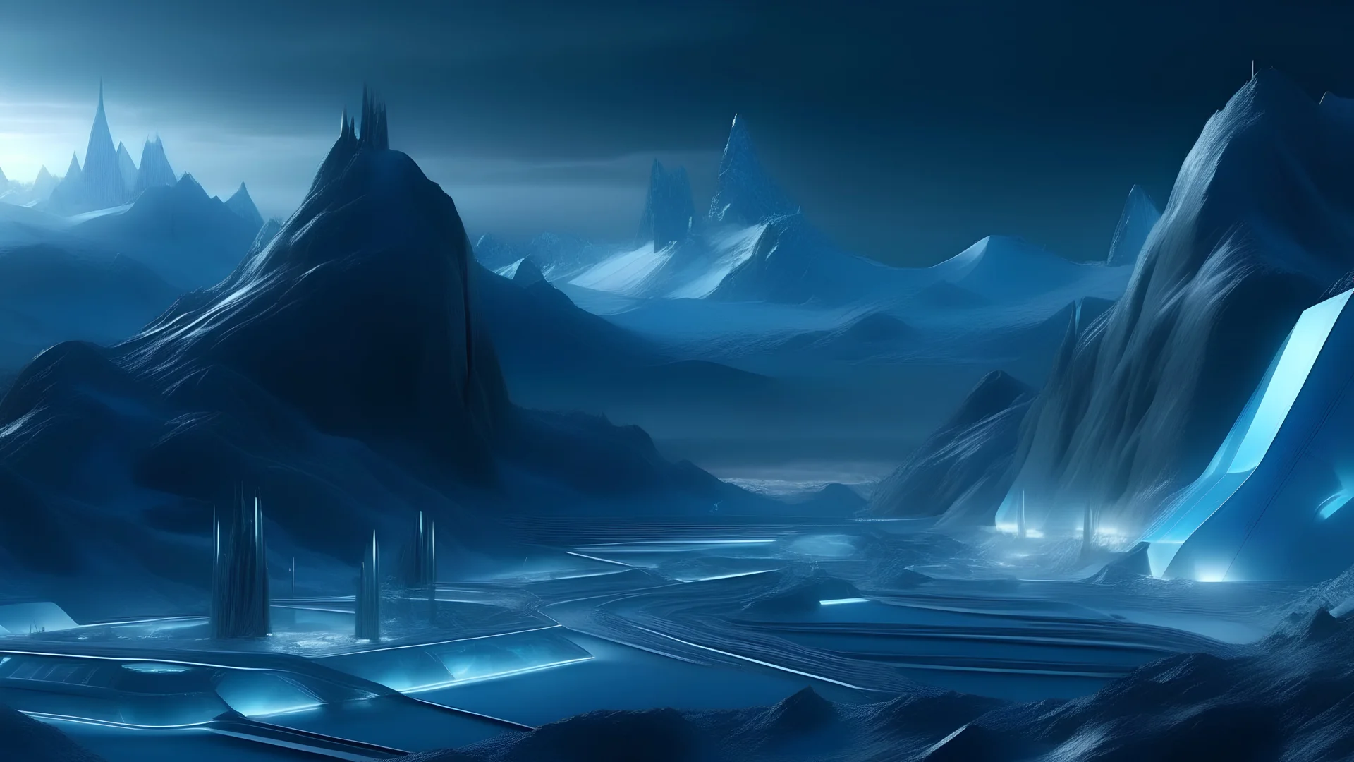 Futuristic city landscape with ice mountains behind night, close up