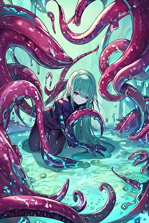 Slime, darkredtones, women with tentacles, leaning pose,