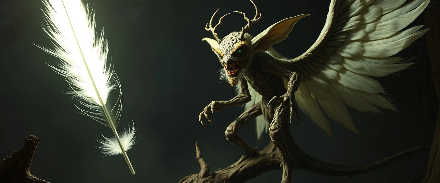 absurd white feather light mirror bounce ancient angelic gremlin wooden treant monster Robot, in the style of Rembrandt, Titian and fallout 4