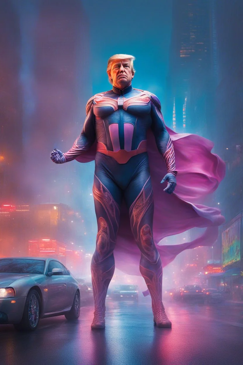 Extremely Muscular, Donald Trump as 'Maga Man,' Extremely Muscular, overly exaggerated muscles, Skintight, formfitting bodysuit, cape, boots, Multicolored vortex, multicolored lightning, neon lit futuristic cityscape, mist, fog, speed, extremely overexaggerated musculature, "MAGA MAN"