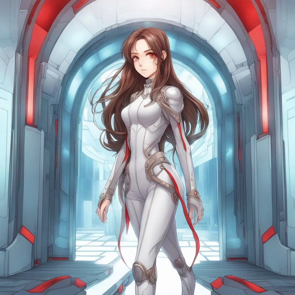 A confident woman with long brown hair and red eyes, stepping out of a portal wearing futuristic clothes, colored manga style, intricately detailed
