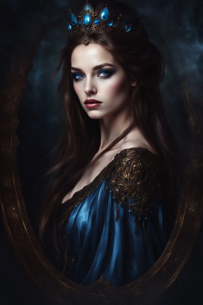 painted portrait of a young gothic queen with brown hair and blue eyes, very beautiful, dark fantasy