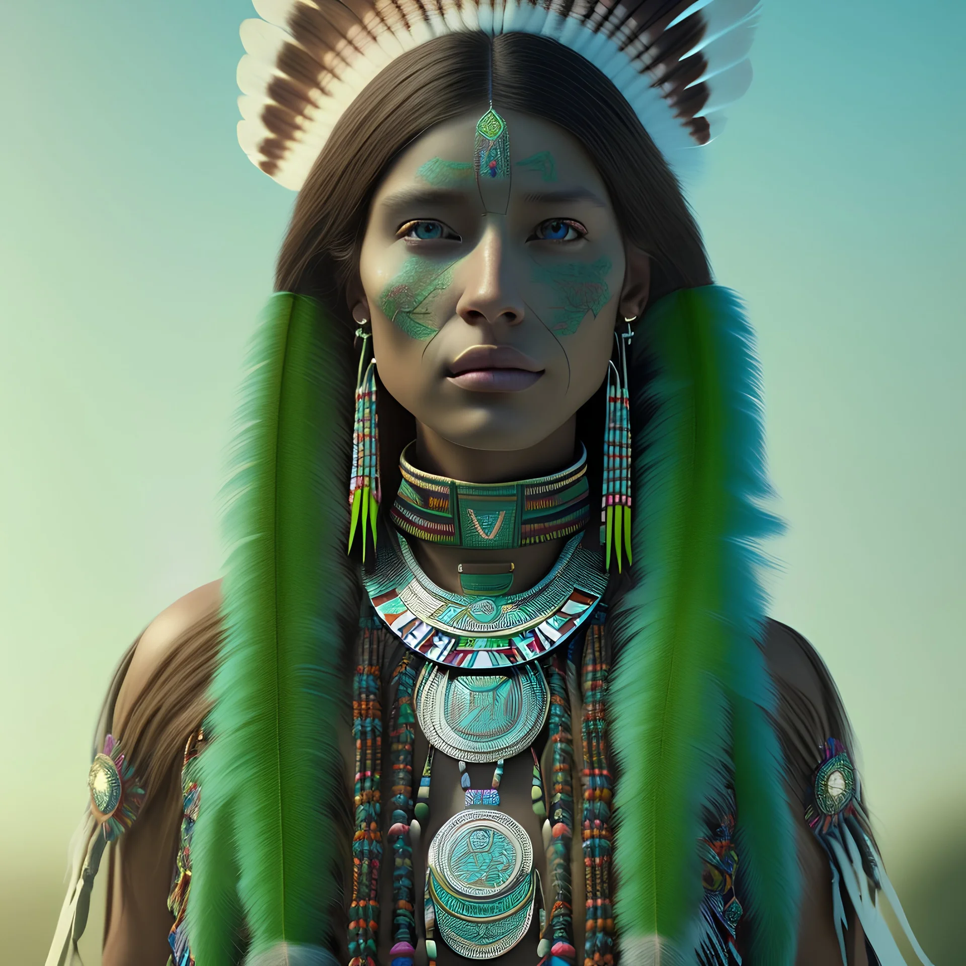 New Mexico pueblo Indian female, pueblo indian, 12k, ultra high definition, finely tuned detail, unreal engine 5, octane render, ultra realistic face, realistic headress, detailed make-up, green chile, zia, detailed turquoise jewelry, detailed hair, detailed feathers, green chile background