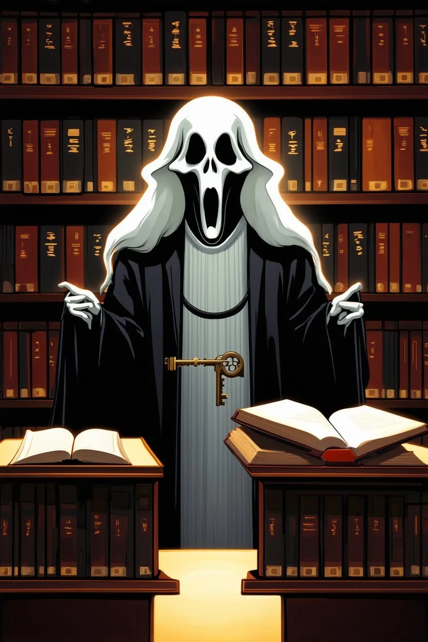 ghost of a scholar with a key in a library