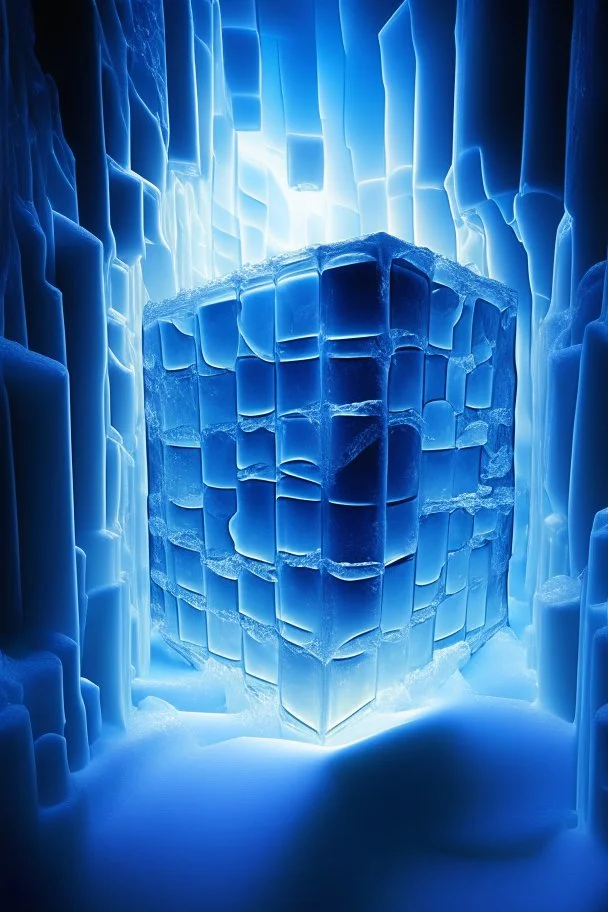 brilliant ice cube, depth of field, backlit, in bright lit ice wall labyrinth