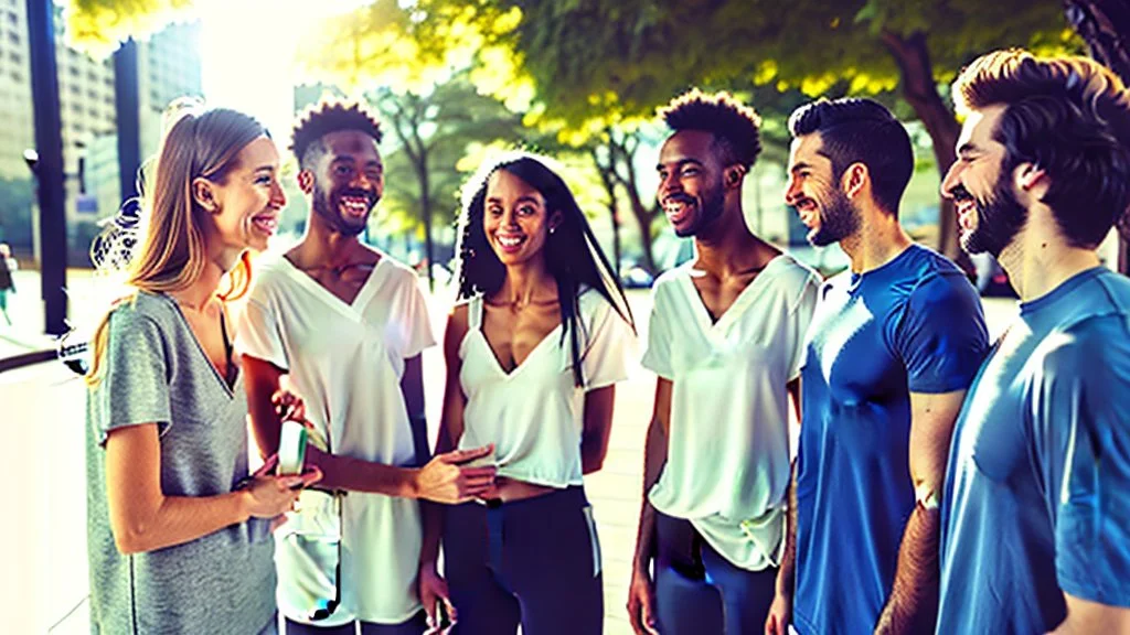 four happy people discussing health and wellness on a street, close up, bokeh