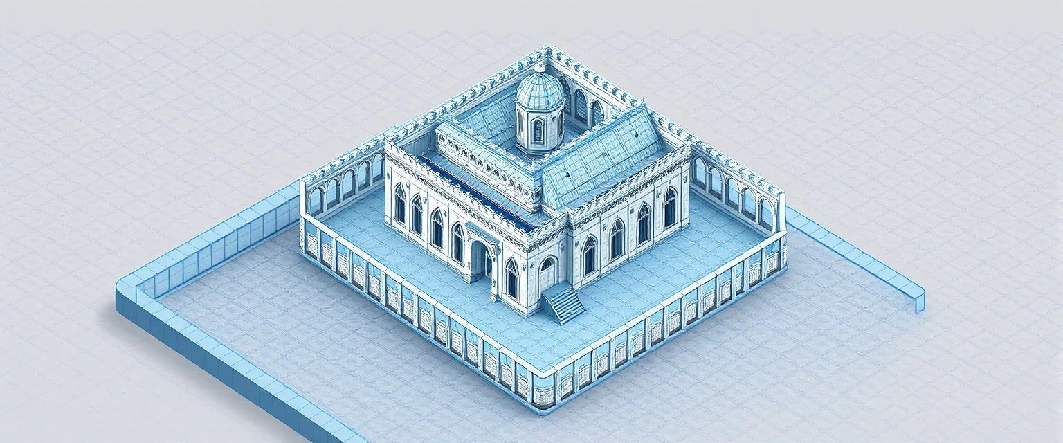 see through isometric plan of castle church lattice with transparent walls and grid on floor for tactical planning