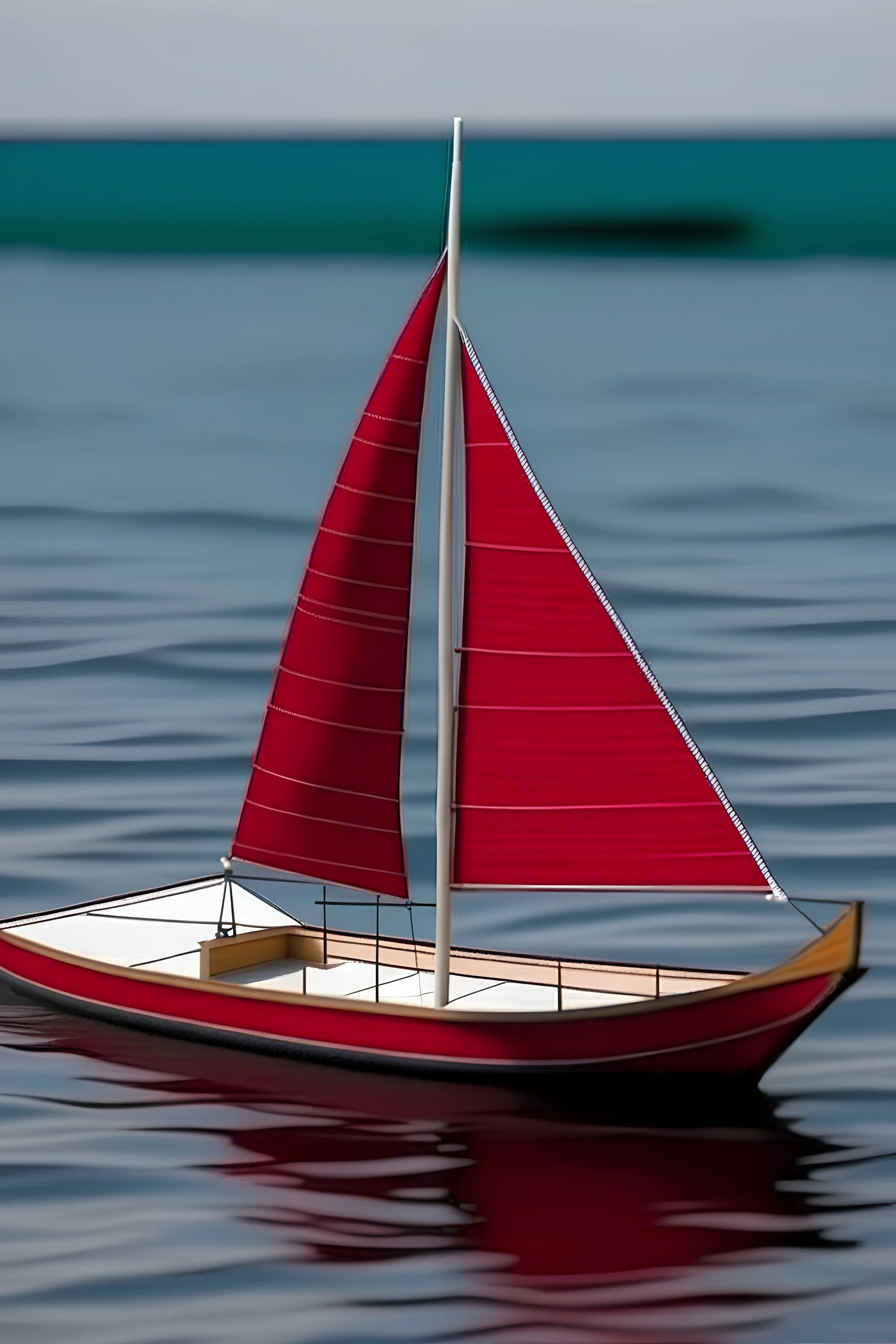 very small sail boat red ship with a white stripe the ship is 50 years old and far away out in the ocean bad quality the ship is so far that it is hard to see it has algee and holes further away than a km