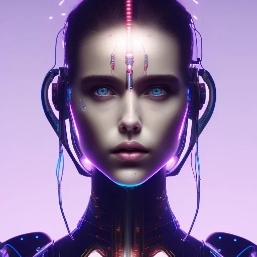 singer Danish MØ face, lumen lighting, led lights, <hanging wires> many wires connected to the head<perfect pupil> <cyborg> <garage> <sci-fi futuristic>