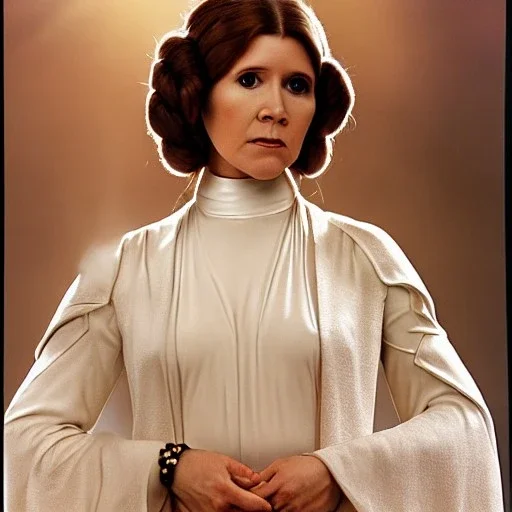 Hyperrealistic, 8k centered photographic portrait of [[Carrie Fisher as Princess Leia in Star Wars]], leica, 35 mm, technicolor, natural colors, telephoto, 24 mm, portrait photo by Annie Leibovitz, film, studio lighting, detailed skin, ultra realistic, bokeh, sharp features