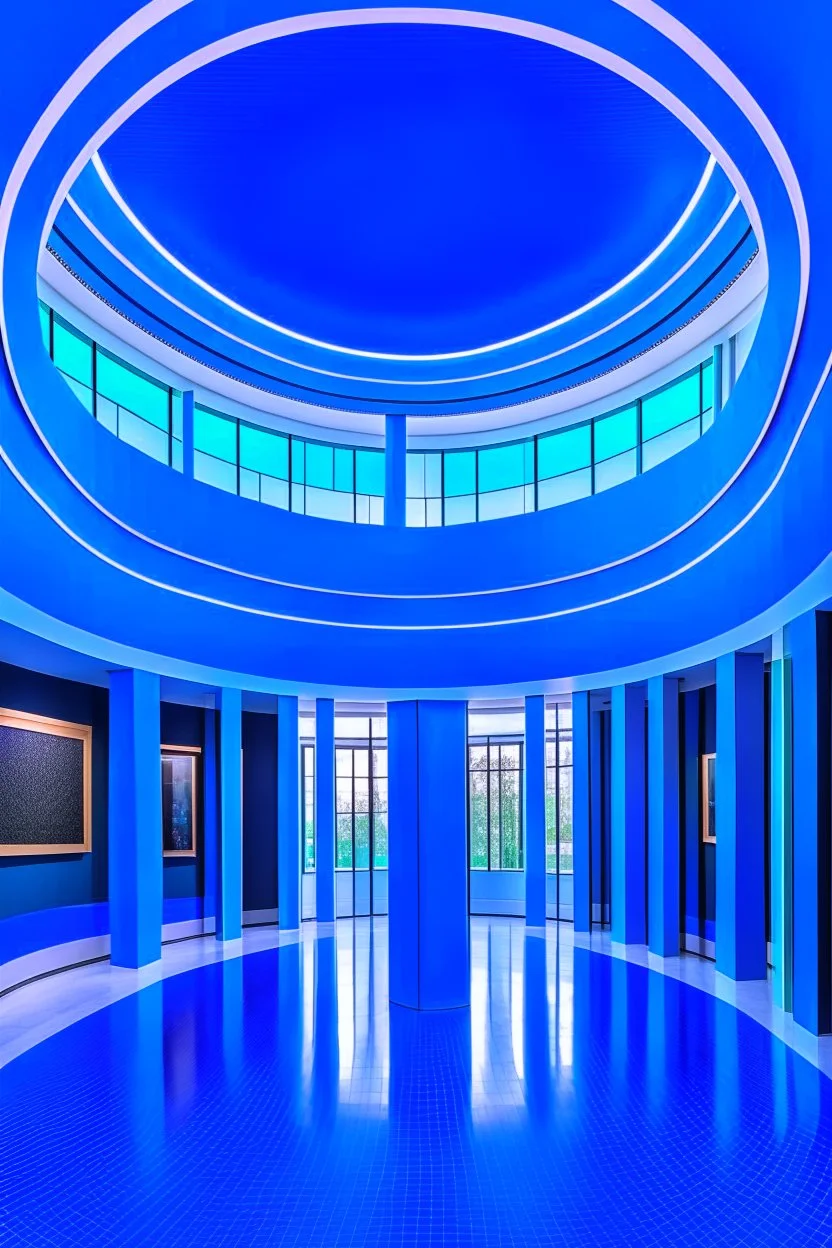 A spiral-shaped gallery with blue walls