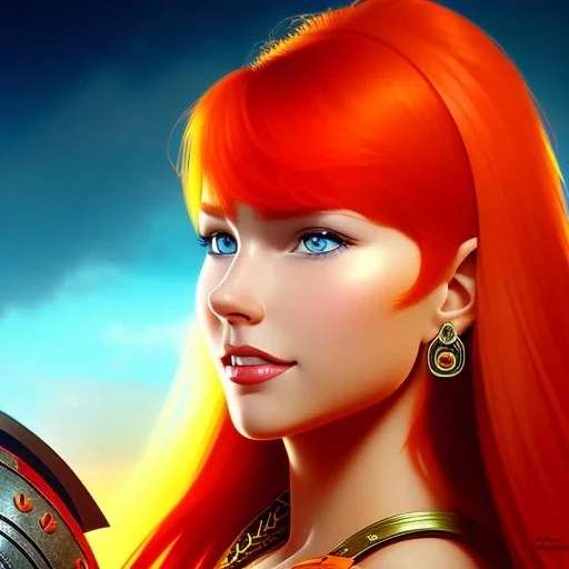 portrait of Red Sonja , attractive, fiery hair, orange color theme, rage background, clear focus, high resolution