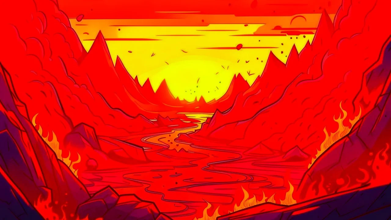 comic style fire, lava & steel landscape