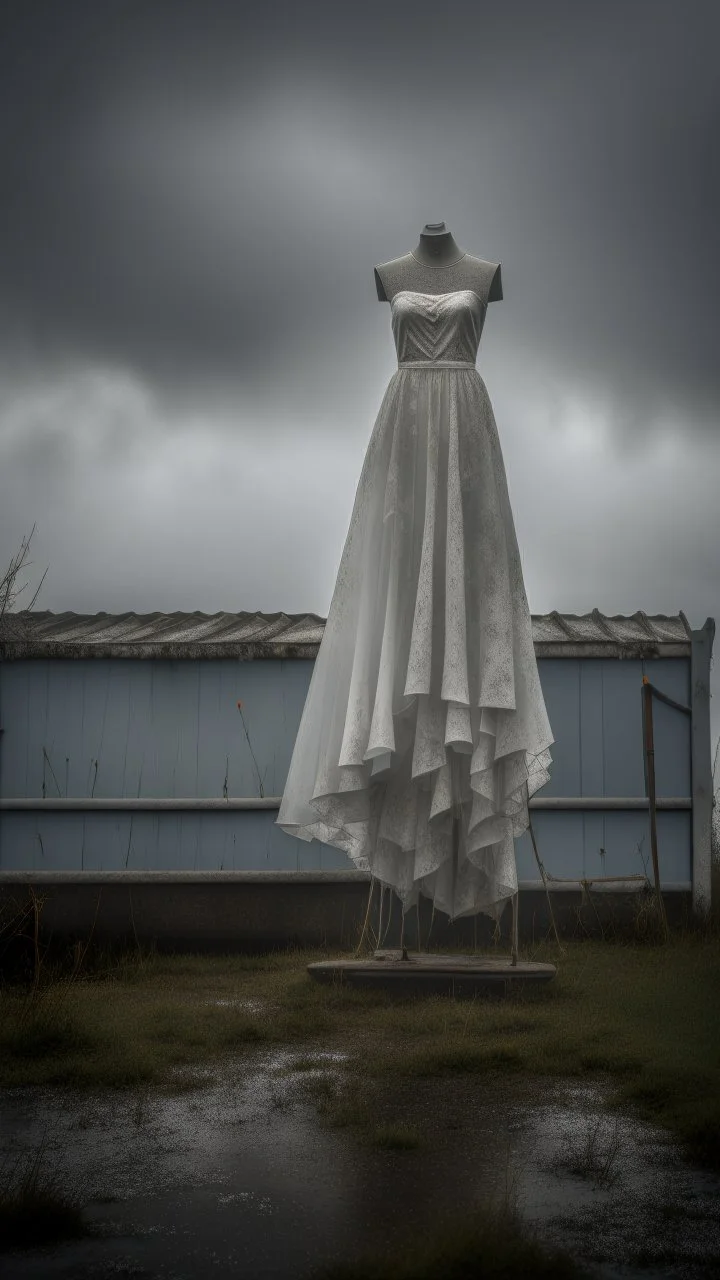 A wet washed wedding dress hanging on a drying cloths rob , in a stormy foggy sky in the background
