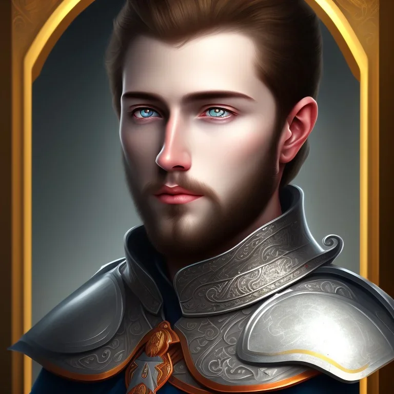 Portrait of a stoic prince in armor without beard. Has grey eyes, dark hair.