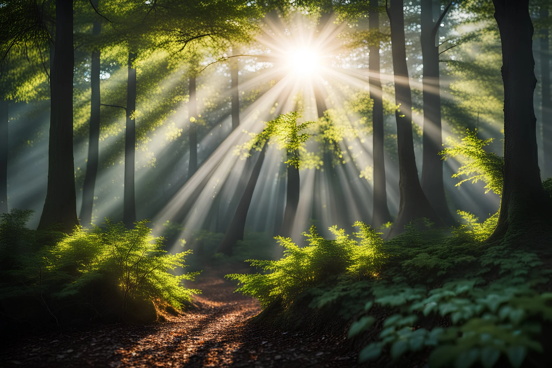 Realistic forest landscape and background sun rays entering between the leaves of the tree branches,DSLR camera Sony Alpha 7 50mm 1.8,medium shot,high-resolution image with fine details