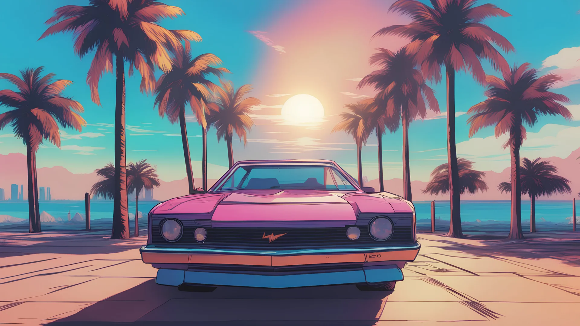 comic book illustration looking straight ahead,synthwave colors in Miami beach, sunshine, blue sky, art inspired in GTA VI game, cinematic light, 4K, no cars