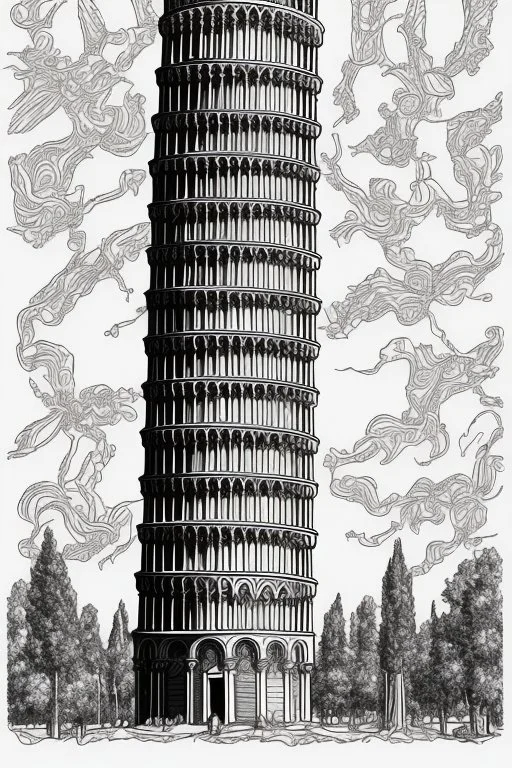 coloring book page of leaning tower of pisa, monochrome