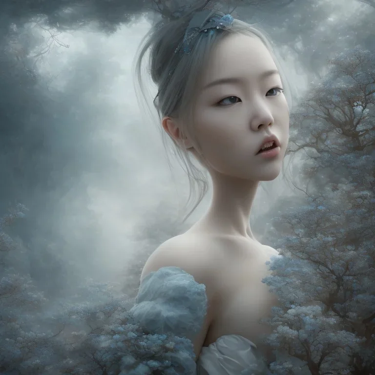 clouds of fog as japanese hitomi tanaka, open eyes with reflection, big breasts, dissolving, disintegrating, wearing blue hijab, fine detail, highly intricate, wearing blue hijab, modern surrealism painting, high-quality, volumetric lighting, 8k, ultrahd, George Grie, Marco Escobedo, Igor Morski,Brian Froud, Howard Lyon, Selina French,