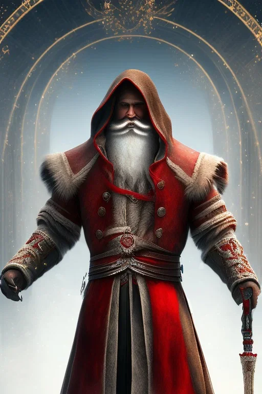 Santa Cruz with long Beard in red assassin Creed clothes,full detail face, high details, cool 1800 city background,