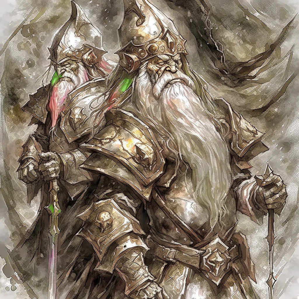 dwarf, dark armour, watercolour, artistic, illustration, rugged hair, bleak colours, dark atmosphere, shadows, portrait, wide face