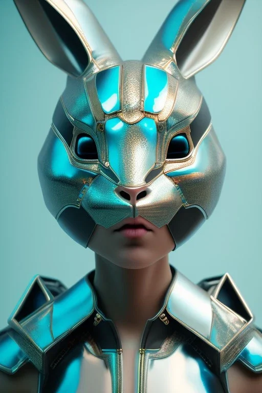 Portrait Sweet Rabbit ceramic mask, latex, cyan suit, photo studio, black background, unreal engine 5, concept art, ray tracing, lumen lighting, ultra detail, volumetric lighting, 3d.