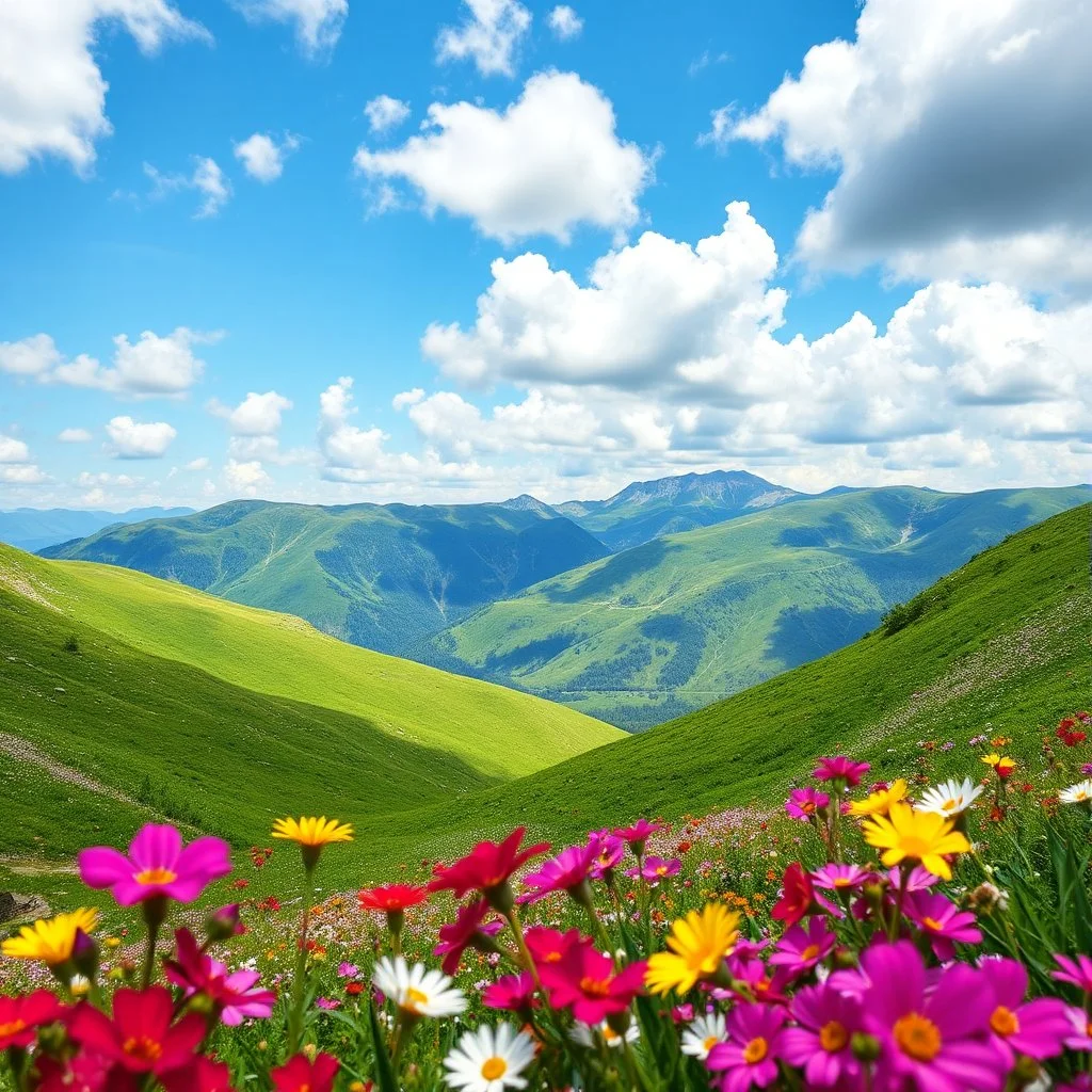 beautiful Green hills covered with flowers colorfull ,blue sky pretty clouds ,very nice flowers at closeup ,wonderfull mountains at distance