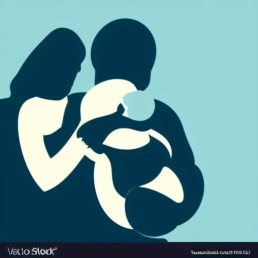 full view, flattened vector image icon of a man and woman holding a baby in a bundle, dark blue and light blue color palette, transparent background.