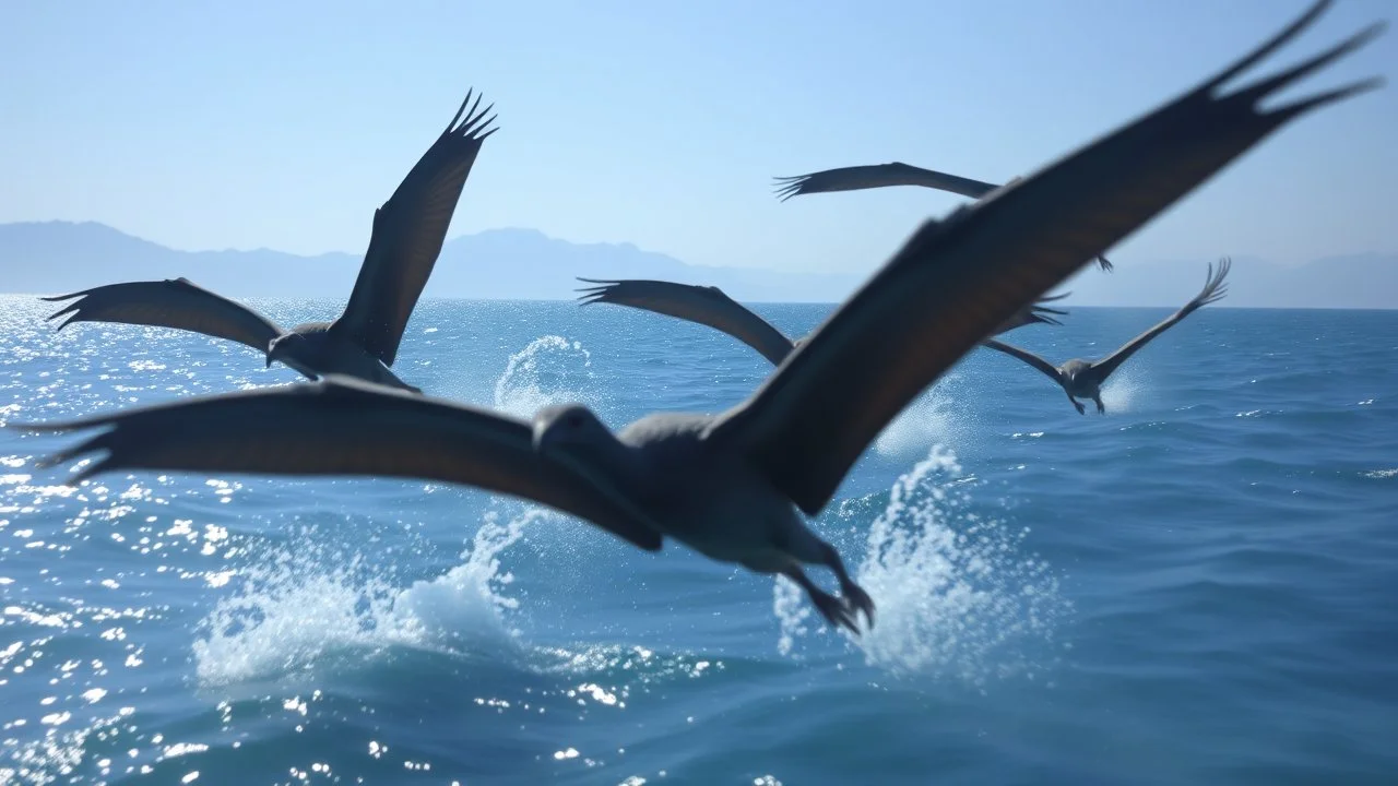 dark and mysterious, A group of advanced pterosaurs diving into a sparkling blue ocean, capturing the motion of their wings and splashes of water, with distant mountains under a clear sky., dark shadows and fog, blurred, neo-expressionism