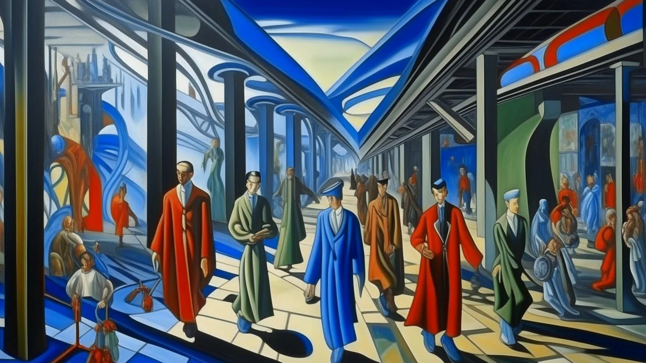 An oil painting by Kuniyoshi and Picasso of tech-people walking inside a futuristic matrix world.