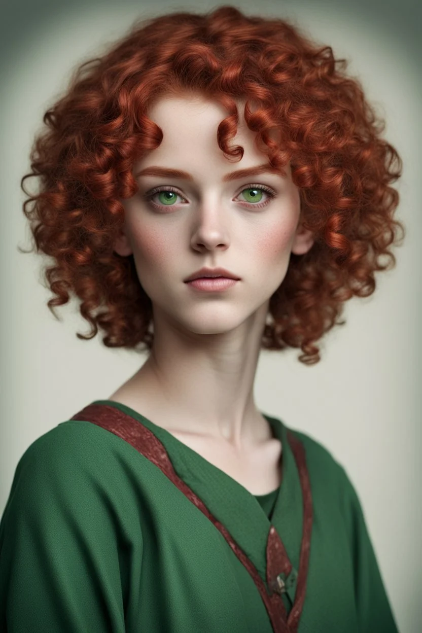 fifteen-year-old girl with short, blood-red curls, green eyes, dressed in a green tunic