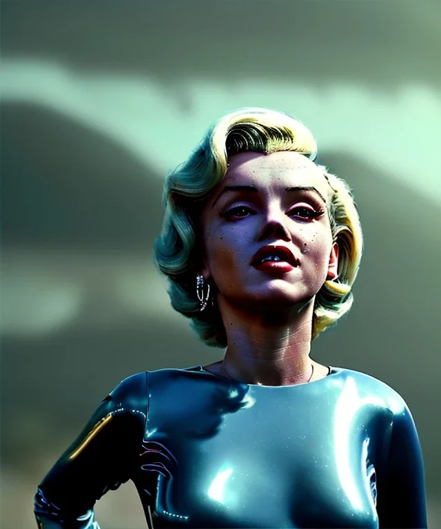 Ultra Realistic retro sci-fi 1960 scene, waist up view portrait, blonde woman, sweet young Marilyn Monroe face, perfect iris, tight latex coat, Strange planet background, Retro sci-fi tight style, sphere dron, fog, rain, soft color, highly detailed, unreal engine 5, ray tracing, RTX, lumen lighting, ultra detail, volumetric lighting, 3d, finely drawn, high definition, high resolution.