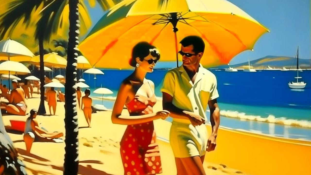 cote d'azur woman and man on hot beach painting neoclassism 60