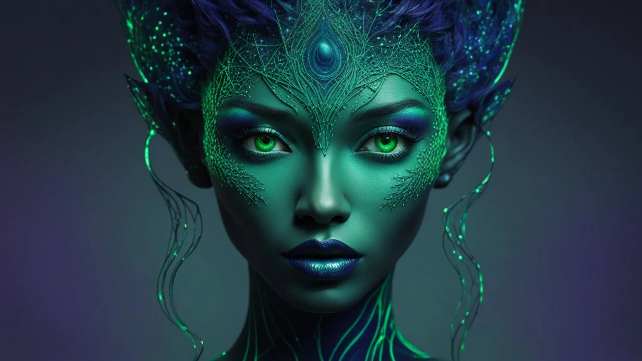 6 feet, with a slender and graceful figure. skin is a mesmerizing blend of deep, dark, reminiscent of a moonlit forest.midnight blue, emerald green, and deep purple. The skin is intricate patterns that resemble constellations, eyes are large, glowing with an eerie, phosphorescent light.a piercing shade of neon green,aura.face is framed by long, flowing tendrils of bioluminescent hair, reminiscent of glowing jellyfish tentacles.