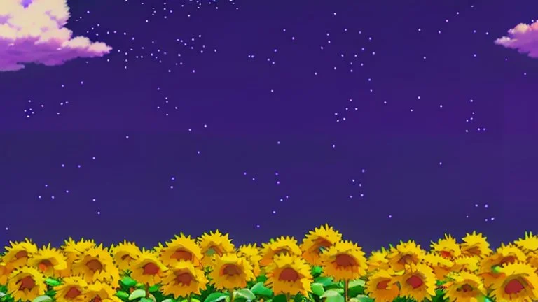 purple sky full of stars, sunflower field, anime