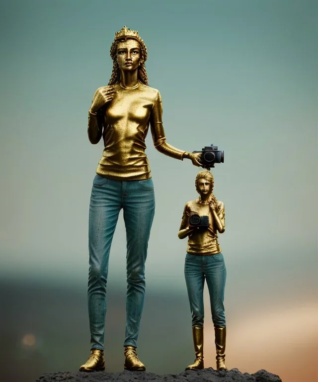 Statue of Queen of photography holding camera in hands. Cute blonde woman. Photographer in golden crown. Standing on the street. Big camera in her hand. hyperdetailed, photorealistic, trending on artstation, greg rutkowski, beksinski, kodachrome, volumetric lighting, gold and cyan