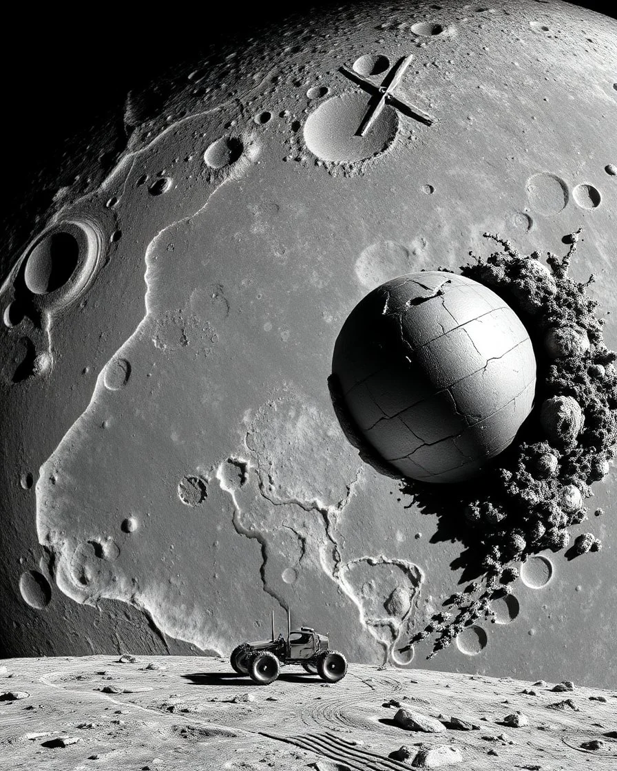 aerial lunar reconnaissance satellite image of a young impact crater with larger regolith along right ride. A damaged metallic alien sphere with fracture lines like an egg. organic growth across regolith and up crater walls. Along the lower frame edge a small modern bare-bones lunar-vehicle sits near the rim with visible wheel tracks. comic pencils