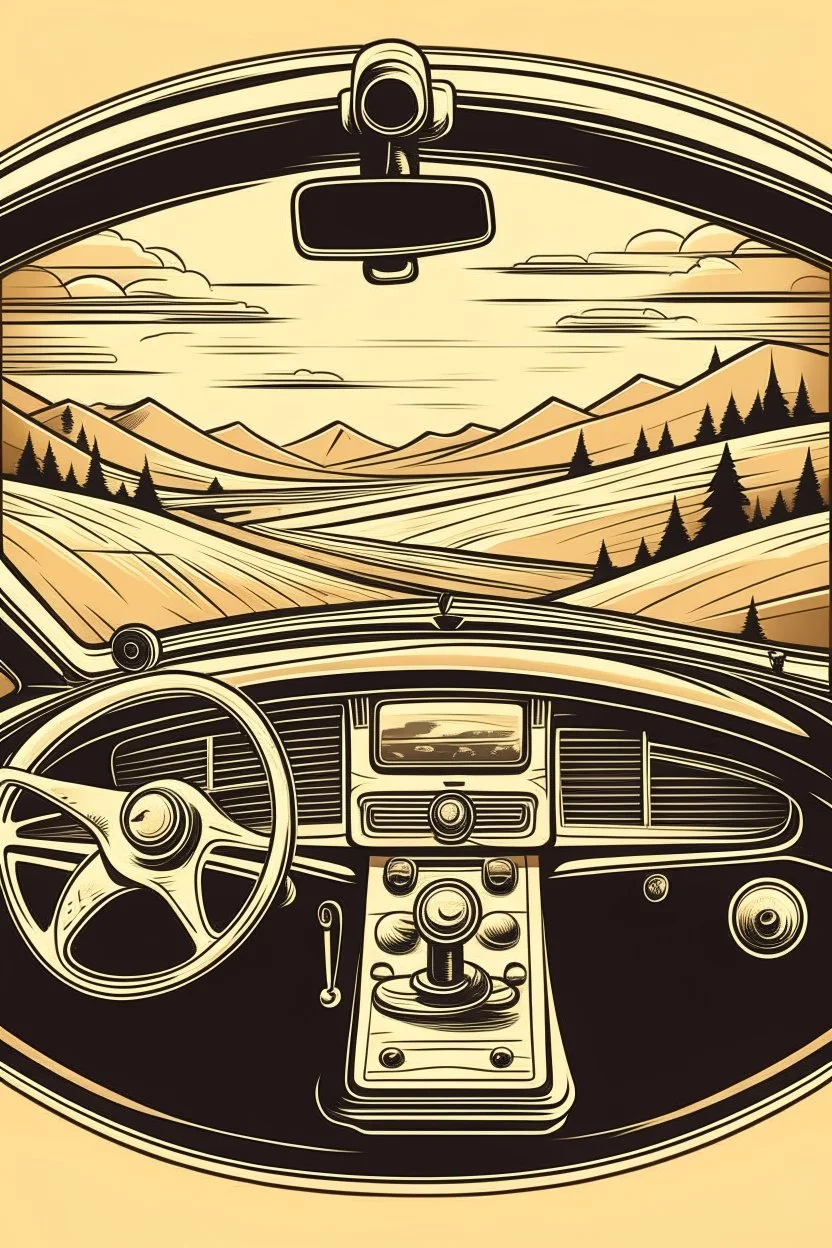 A vintage car phone with a curly cord, attached to the dashboard of a classic automobile. A scenic mountain highway stretches out in the background through the open window. Style: Retro travel, Mood: Adventurous, Lighting: Warm sunlight streaming through the window, T-shirt design graphic, vector, contour, white background.