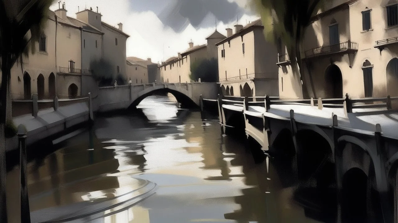 A gray dark Italian city river in black oil shadows painted by John Singer Sargent