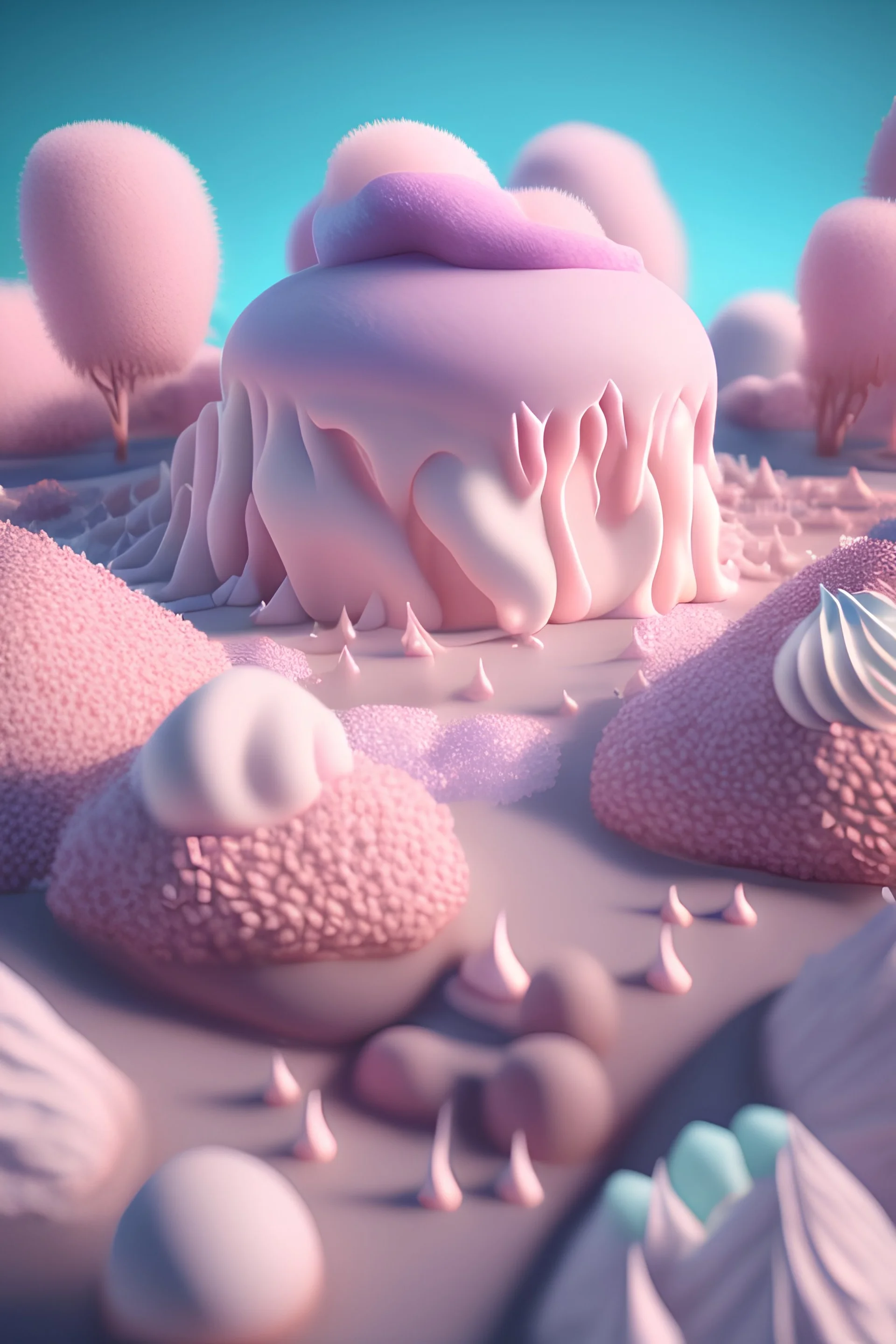 detailed peaceful landscape made of cake frosting, cotton candy, ice cream, strong texture, extreme detail, octane render