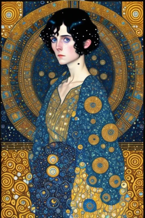 young black haired blue eyed wizard in the style of klimt