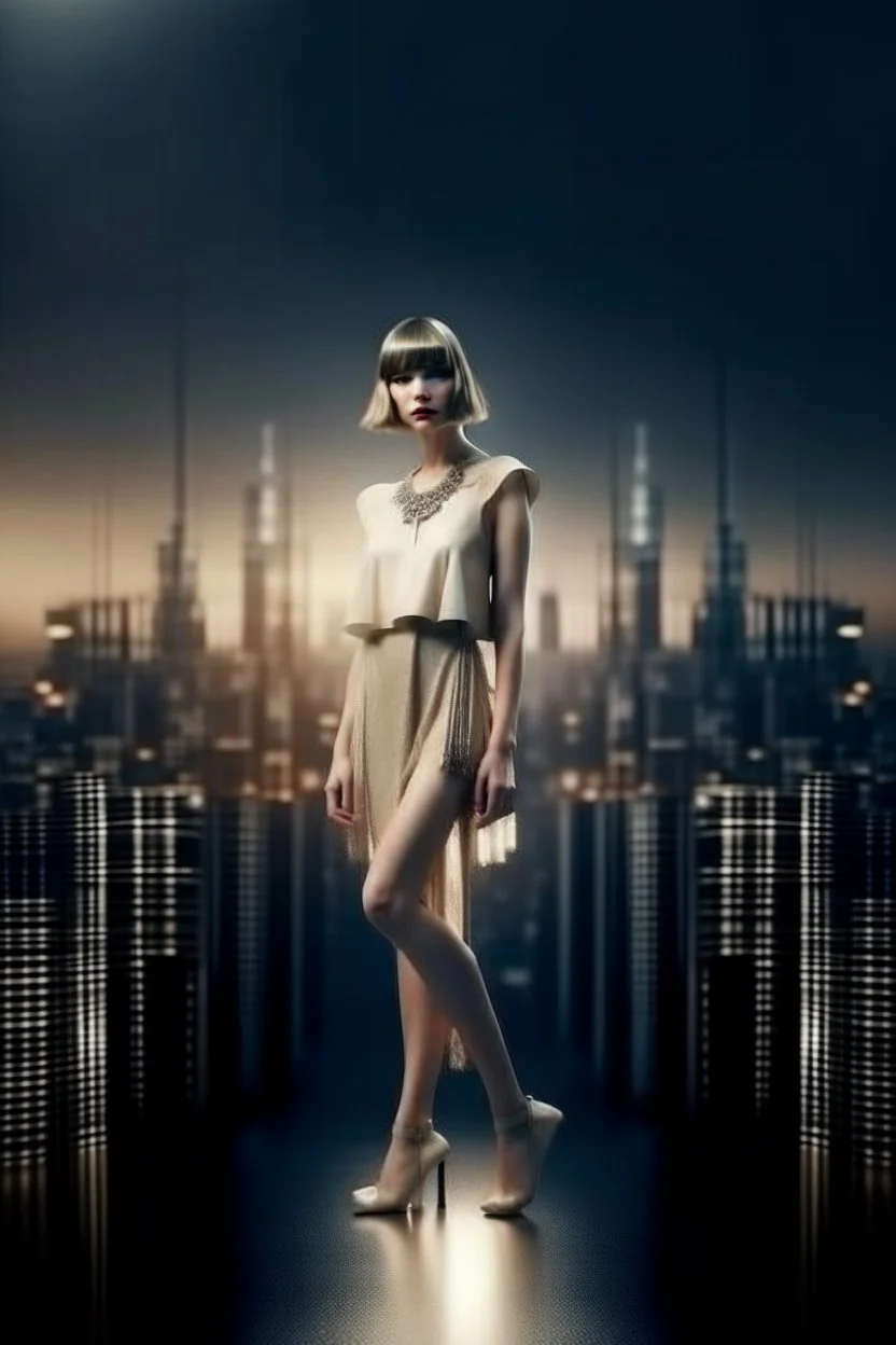 full body picture of a skinny woman with a bob, a fringe hairstyle, 1920s flapper clothing, futuristic city background