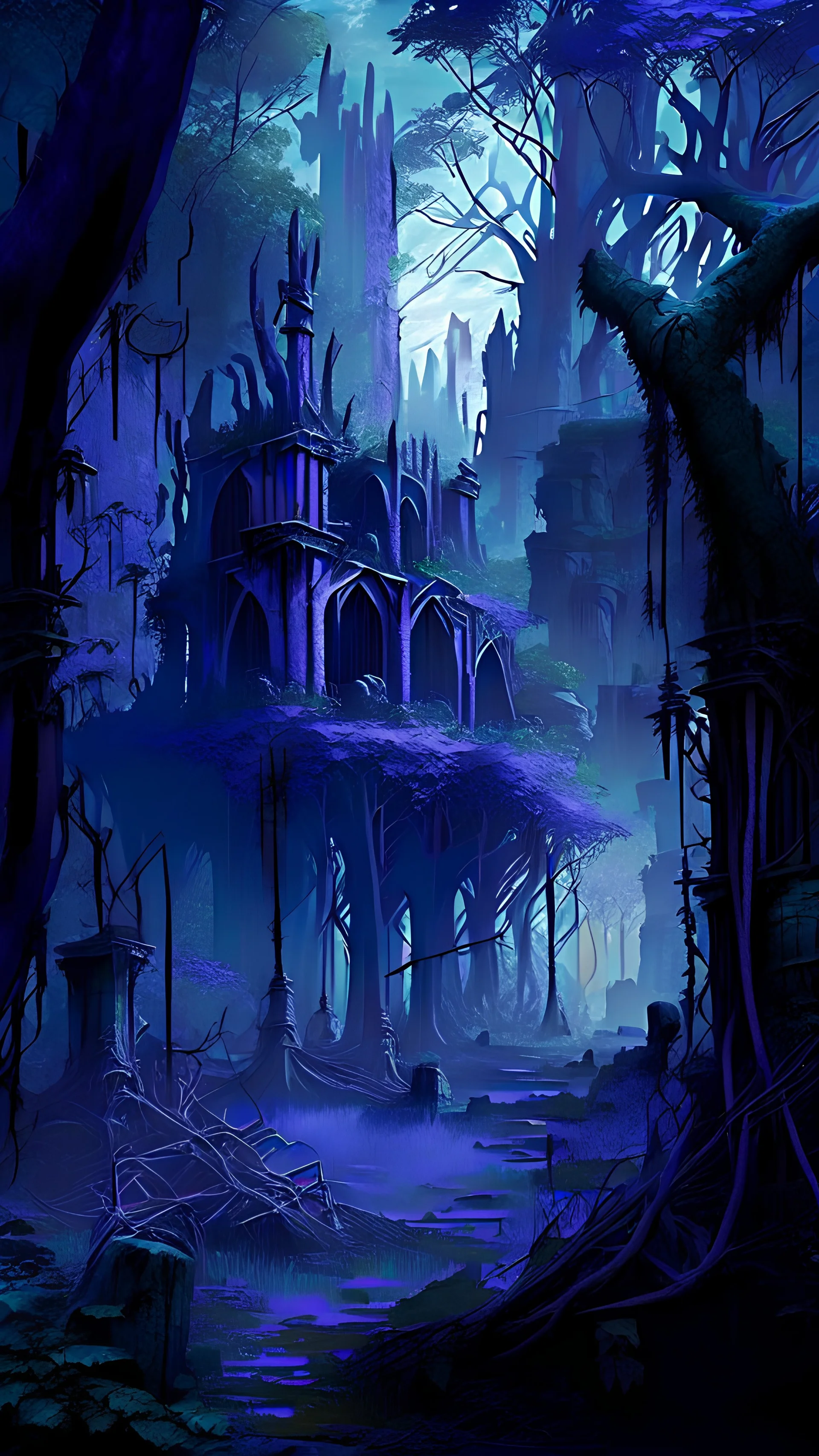 An ancient abandoned elvish city that a forest has grown over, over the centuries in high fantasy style blueish purple hue