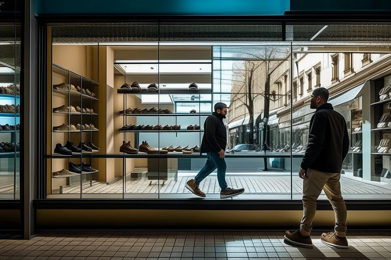 showcase of a shoe store in Spain, from the street you can see the interior, reflection in the glass of two people contemplating