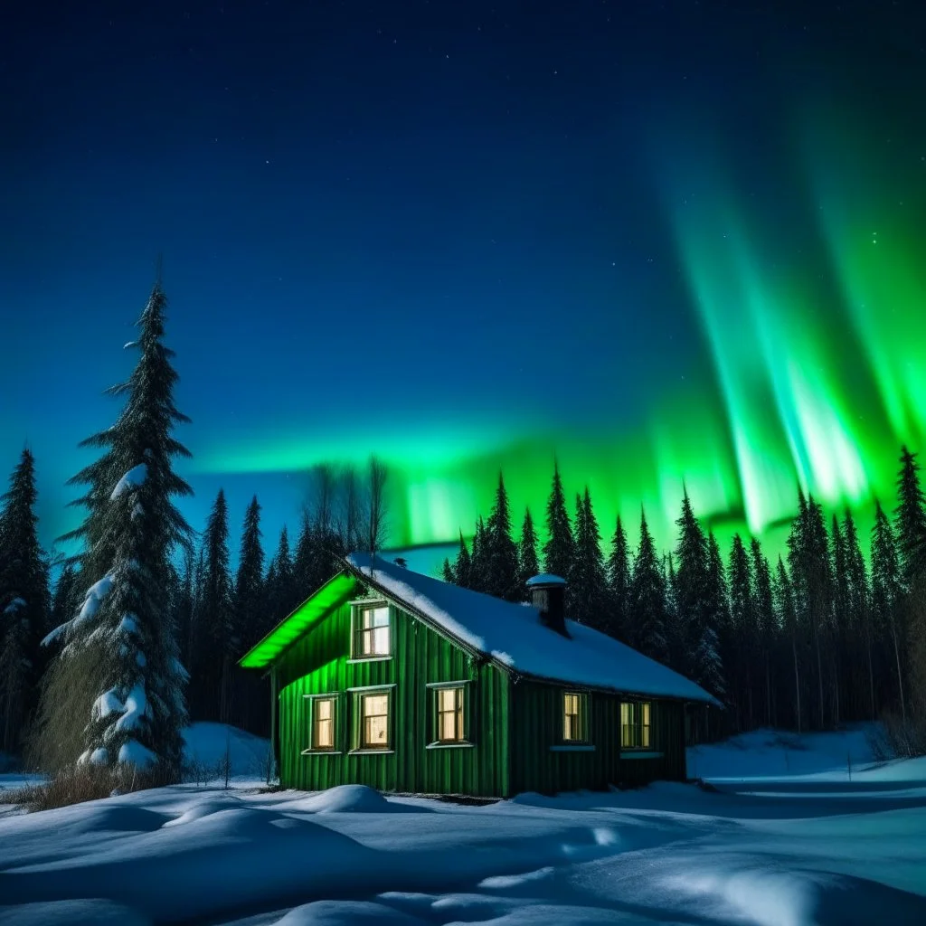 icy cabin front elevation squared off and centered with icy trees behind and aurora borealis - foreground is simple snowy plain