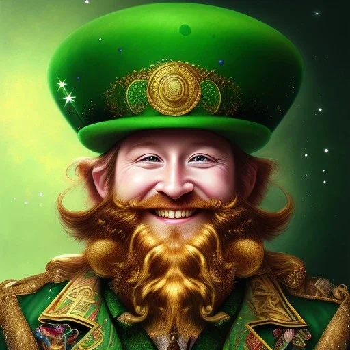 portrait of leprechaun man,whole, beard,top hat,elegant gold and green suit,smiling, by Chie Yoshii