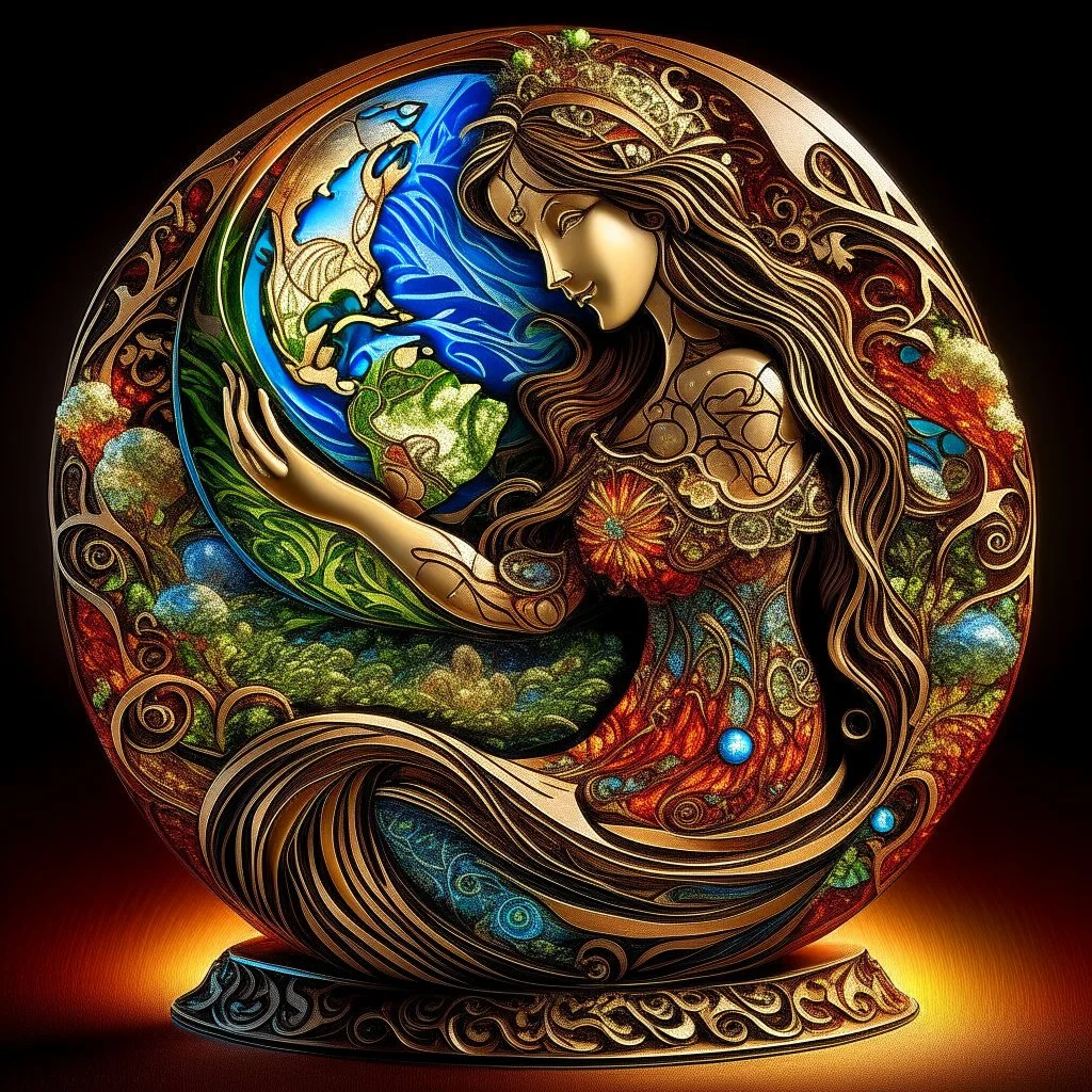 🔥 PROMPT: A surrealistic art piece featuring Mother Earth cradling Planet Earth in her arms. The sculpture is intricately carved from interlacing wood, with stained glass inlays that illuminate the artwork. The filigree design draws inspiration from Irish folk art, blending the styles of James Rizzi, Mary Anning, Rufino Tamayo, and Carl Kleiner. Set against a dark background, the illuminated sculpture installation presents a stunning fusion of nature and art, with detailed craftsmanship and vib