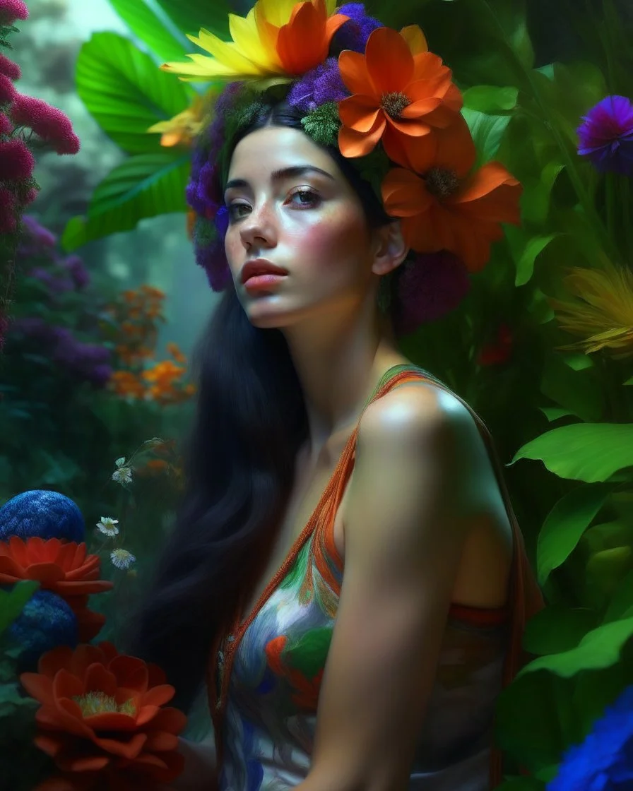 Length picture photorealistic pretty woman biomechanic flowers plants weird MAYA RICH goddess, COLORFUL