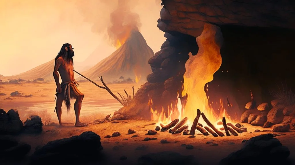 Paleolithic landscape with man and fire